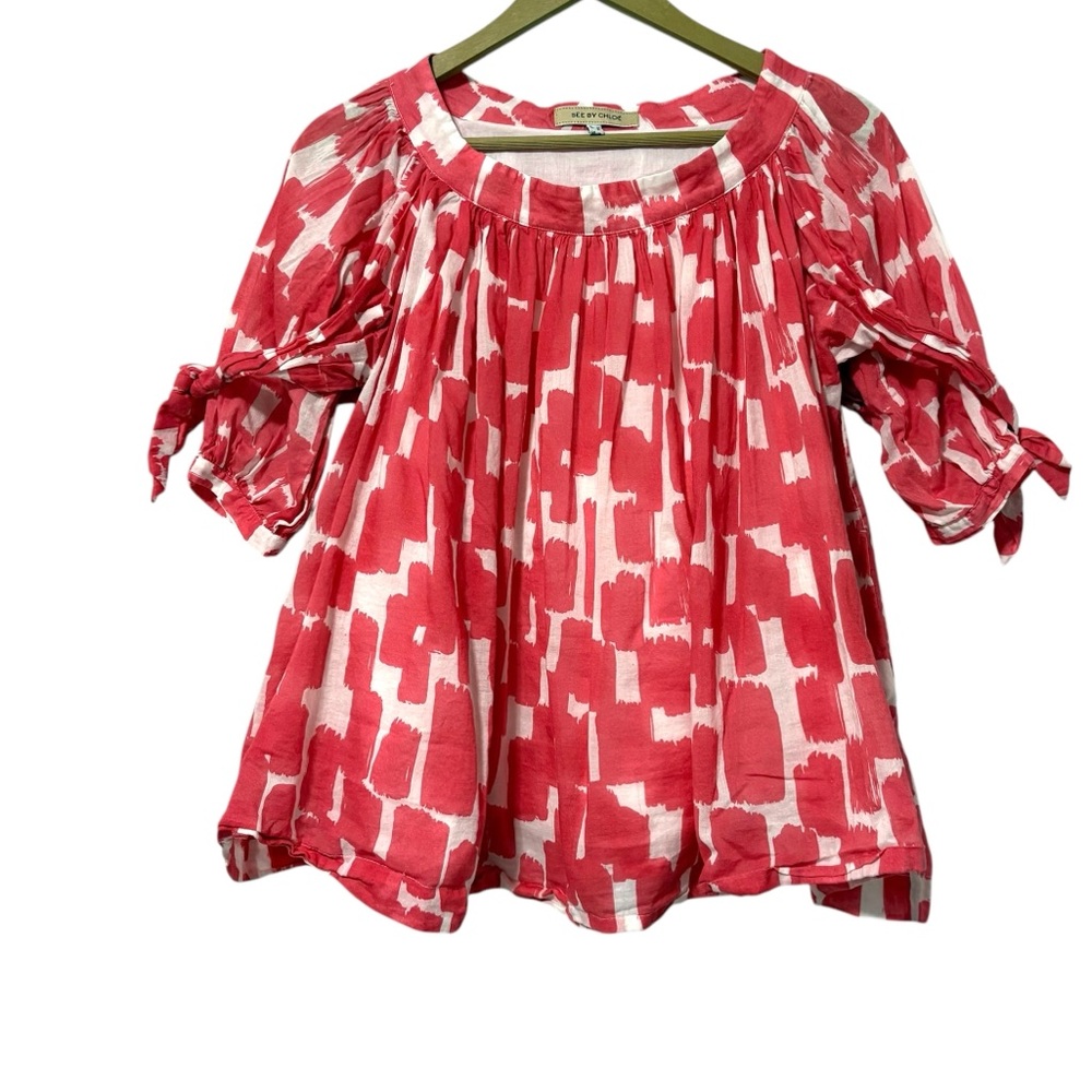 See By Chloe Pink White Pattern Tie Sleeve Shirt Size 4 Preppy Colorful Designer